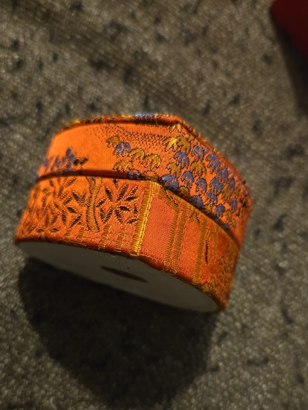 Vintage Red-Orange Satin Floral Chinese Brocade Heart Trinket/ Jewelry Box